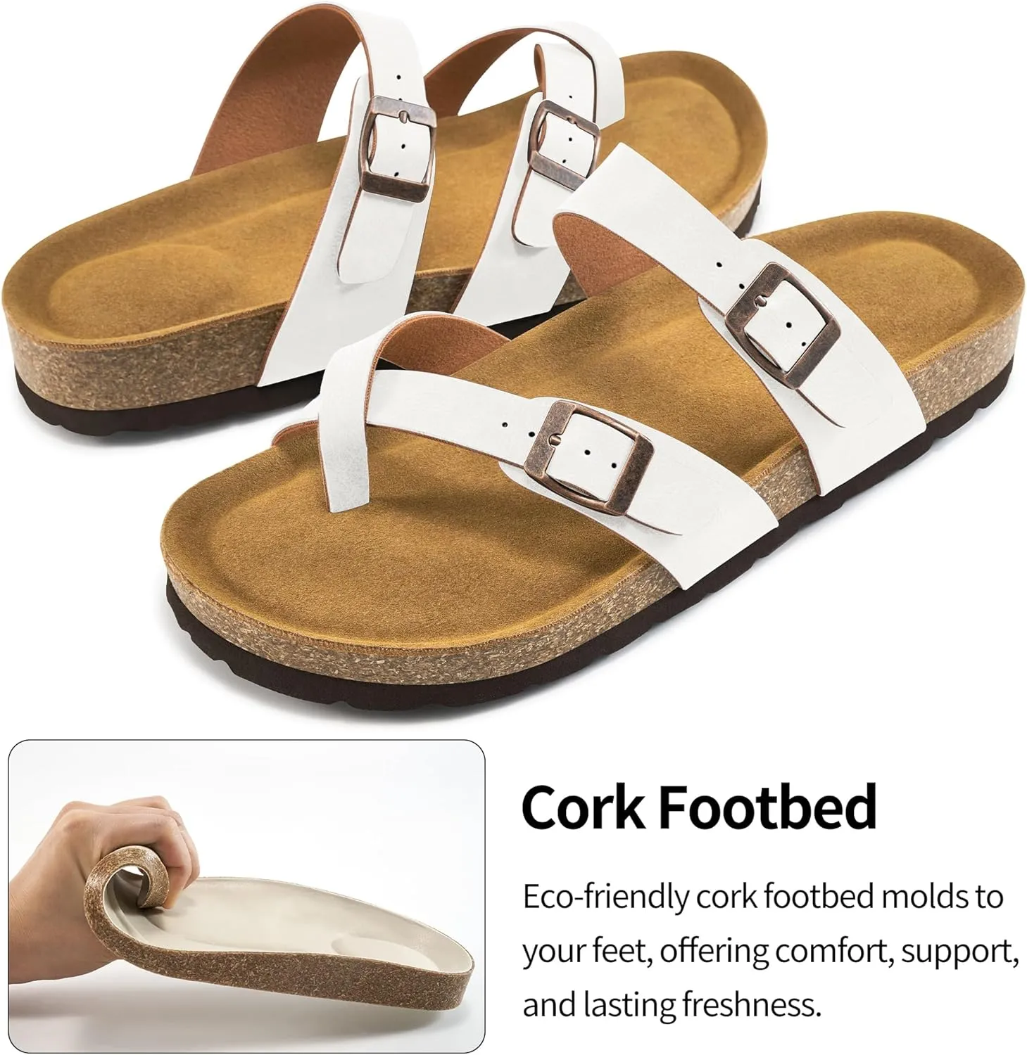 Ablanczoom Comfortable Sandals Womens Slides: Cork Footbed Beach Summer Women Sandal Shoes with Adjustable Buckle