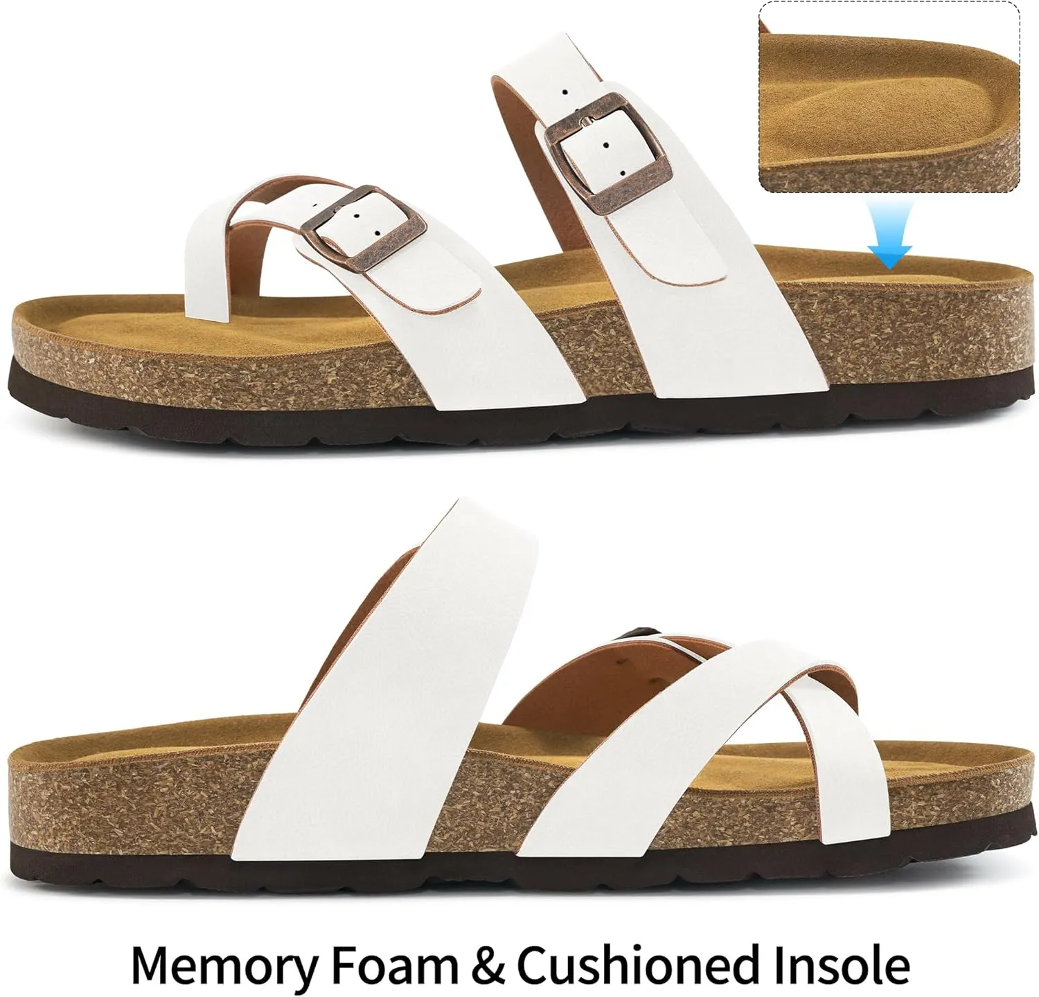 Ablanczoom Comfortable Sandals Womens Slides: Cork Footbed Beach Summer Women Sandal Shoes with Adjustable Buckle