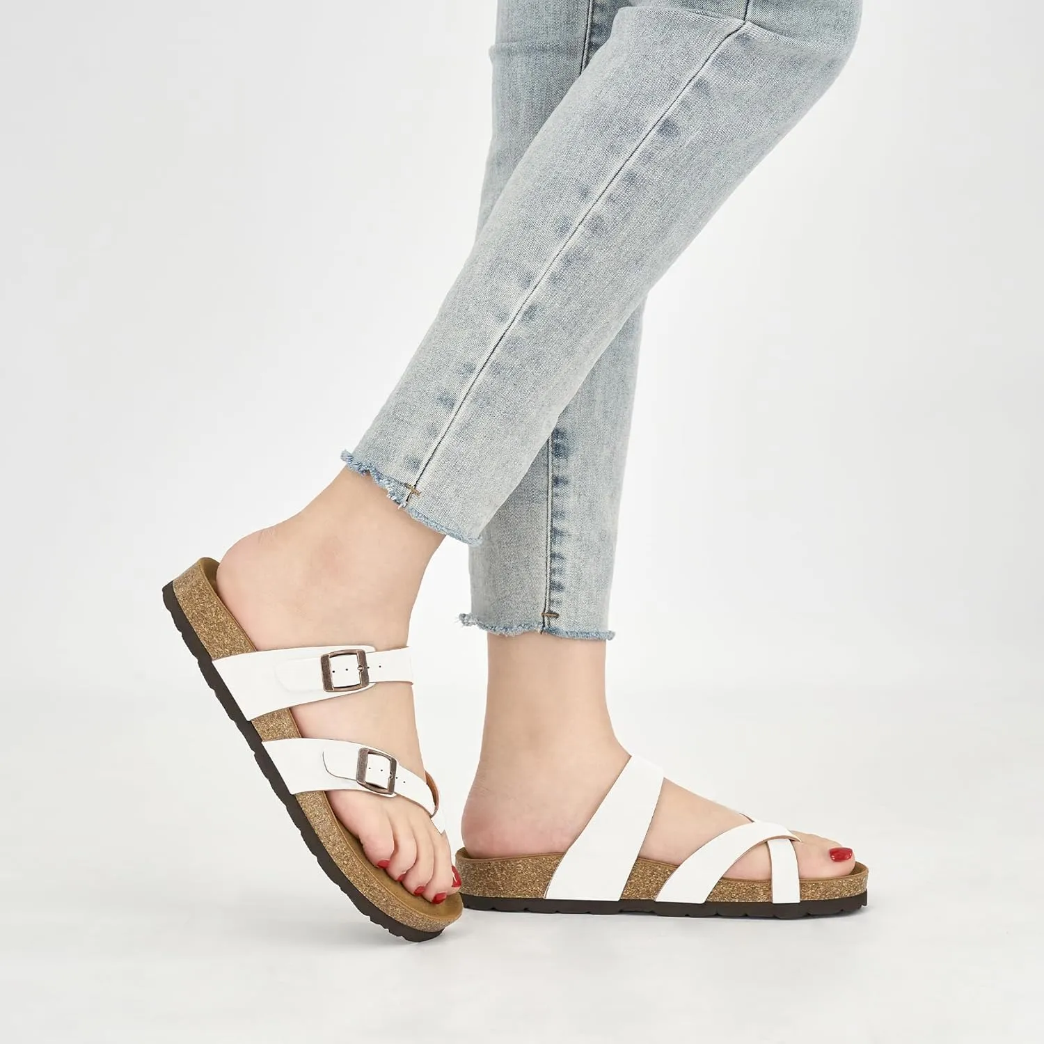 Ablanczoom Comfortable Sandals Womens Slides: Cork Footbed Beach Summer Women Sandal Shoes with Adjustable Buckle