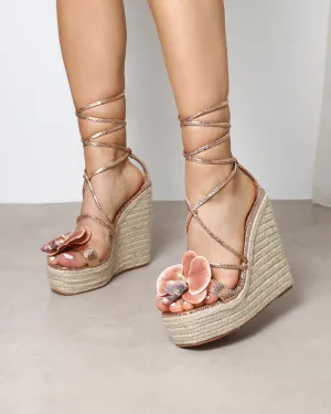 Cancun Rose Gold Orchid Flower Detail Wedge Heels