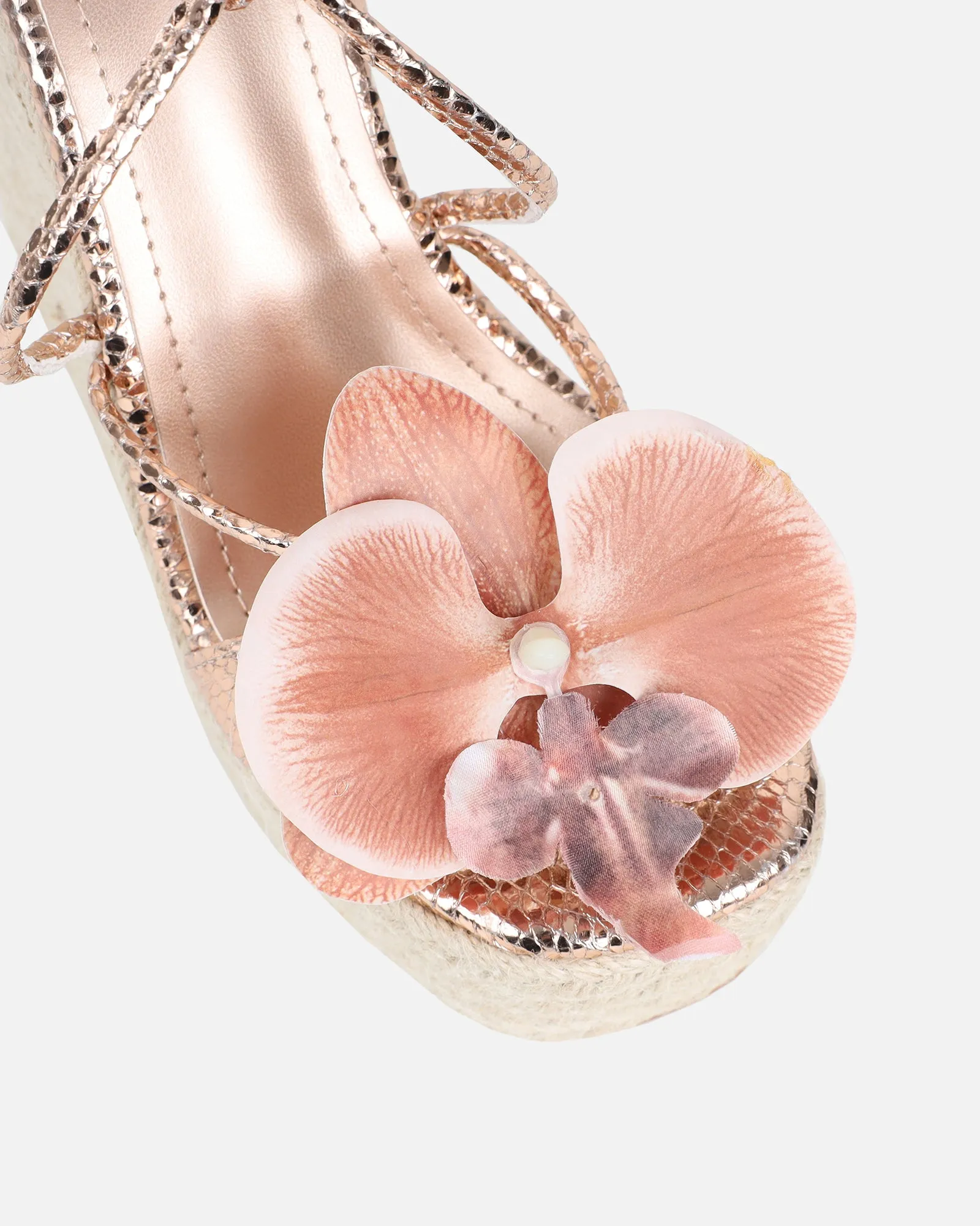 Cancun Rose Gold Orchid Flower Detail Wedge Heels