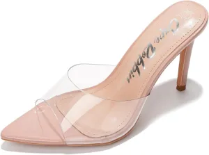 Clear Open Toe Heels for Women- Sleek, Comfy Pointy Heels for Women with Genuine PU Leather Insole & 3.75 inch Stiletto Heel- Classy Mule Cork Heel Sandals for Women (Melrose.A)