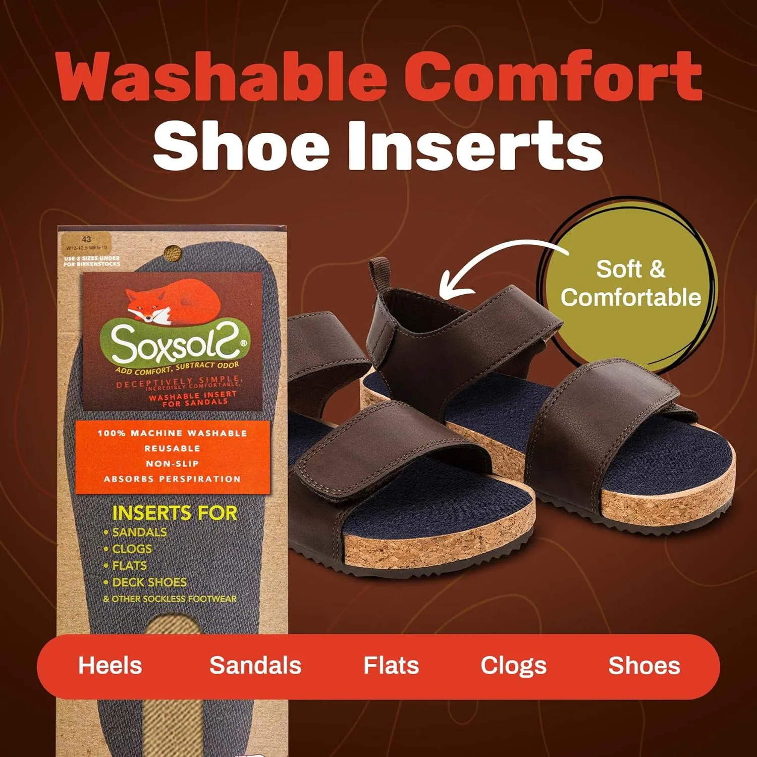 Cotton Flat Shoe Insert for Sandals & Sockless Shoes, Comfortable Shoe Insoles with Sweat-Absorbent Natural Fiber & Non-Slip Silicone Grip, Narrow-Cut Shoe Inserts for Women, Brown, Size 40 - SoxsolS