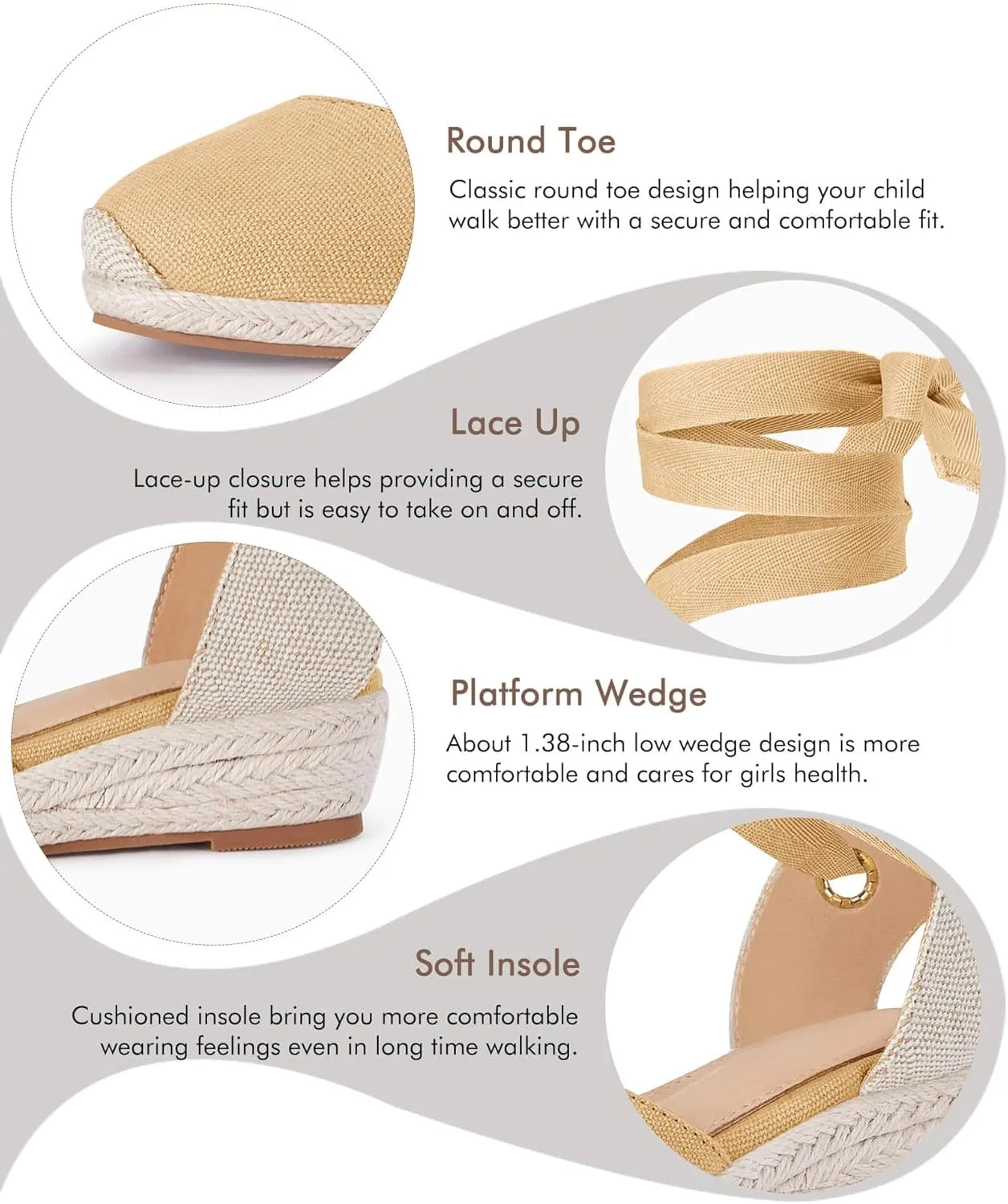 Coutgo Girls Espadrille Platform Wedge Sandals Closed Toe Lace Up Ankle Strap Summer Shoes Toddler Little Big Kid