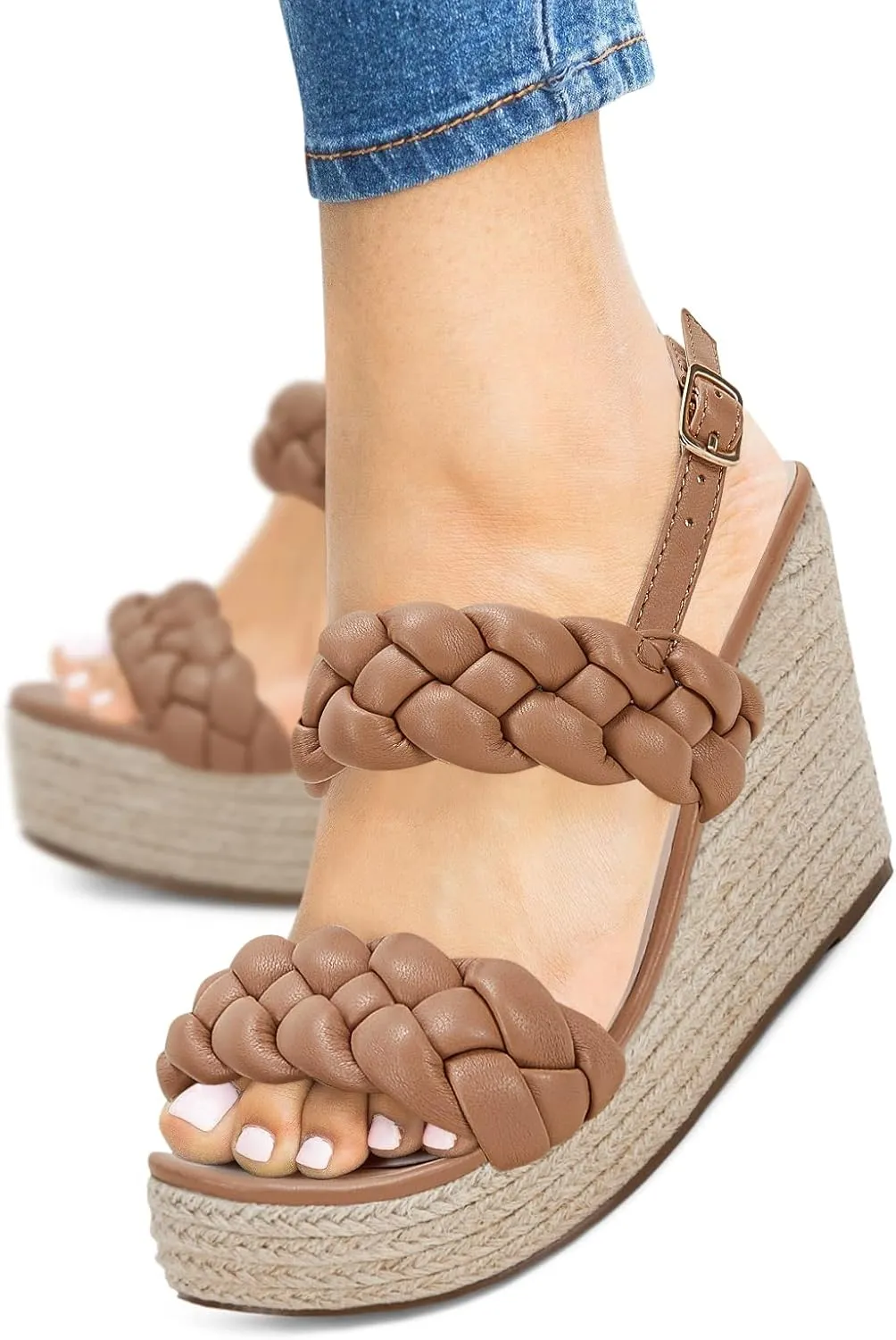 Coutgo Women's Braided Espadrille Platform Wedge Sandals Open Toe Two Strap Ankle Buckle Summer Shoes