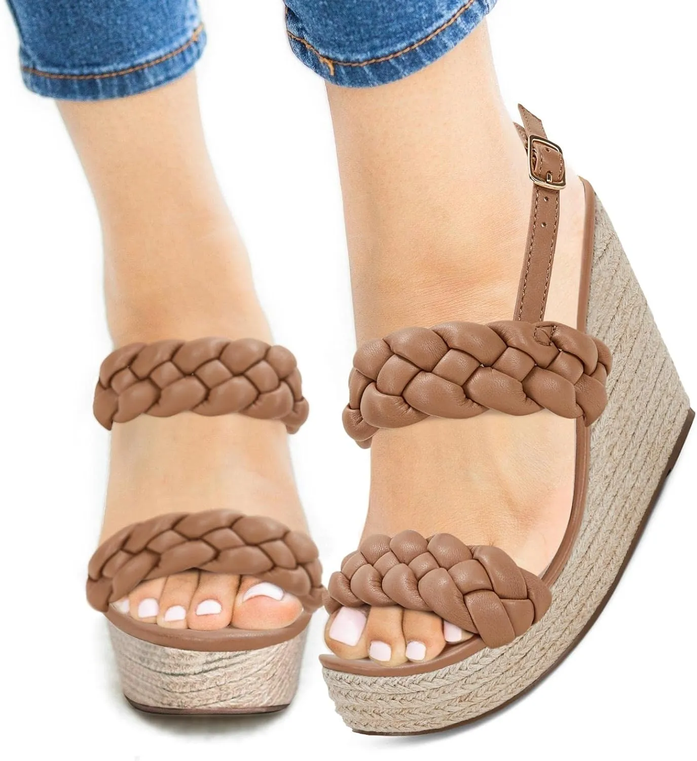 Coutgo Women's Braided Espadrille Platform Wedge Sandals Open Toe Two Strap Ankle Buckle Summer Shoes