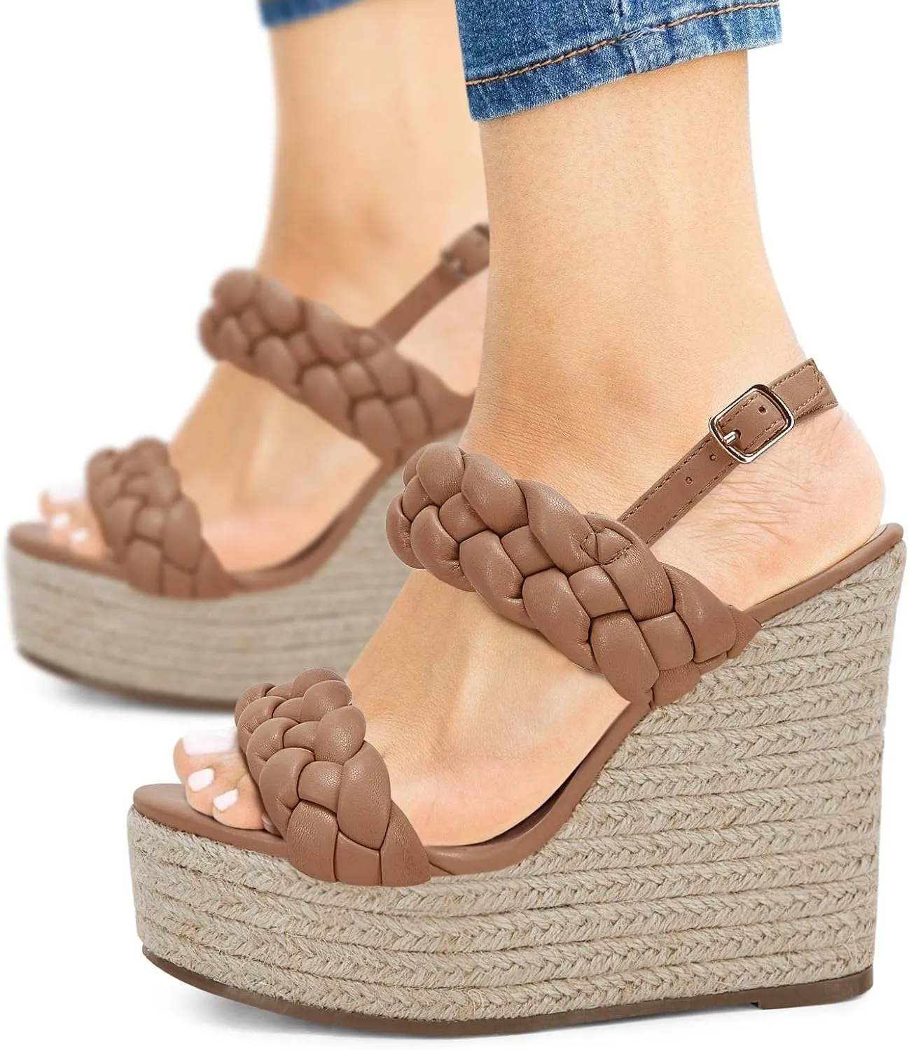 Coutgo Women's Braided Espadrille Platform Wedge Sandals Open Toe Two Strap Ankle Buckle Summer Shoes