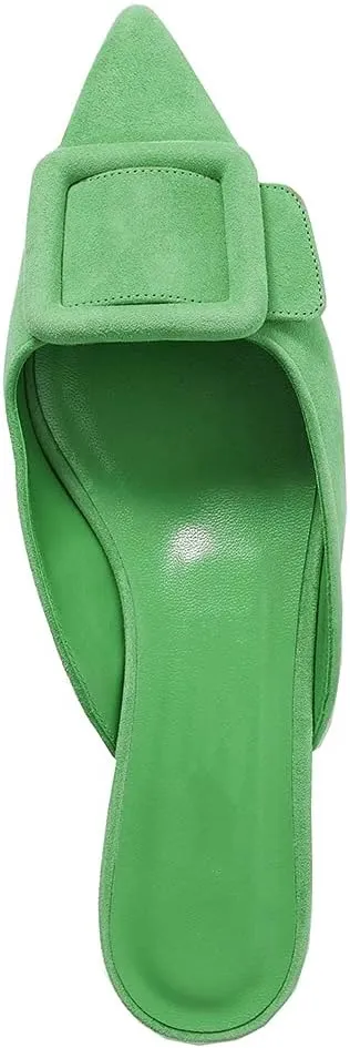 Divanne Mules for Women, Buckle Flat Mules Pointed Toe Backless Mule Slides Suede Slip On Loafers