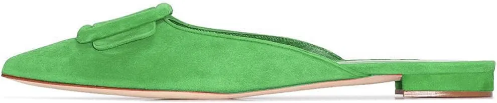 Divanne Mules for Women, Buckle Flat Mules Pointed Toe Backless Mule Slides Suede Slip On Loafers
