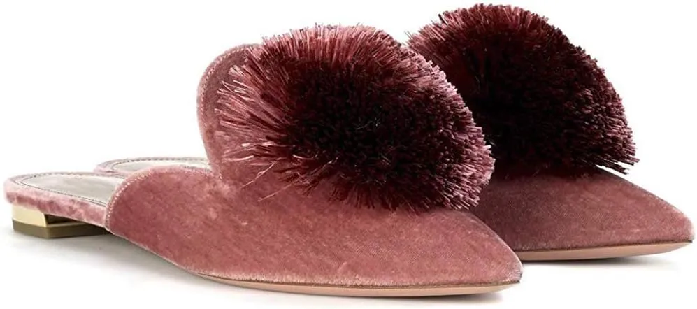 Divanne Mules for Women, Puff Pompom-Embellished Slip On Loafers Backless Pointed Toe Satin Mule Slides