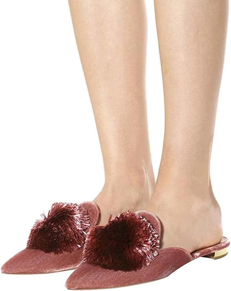 Divanne Mules for Women, Puff Pompom-Embellished Slip On Loafers Backless Pointed Toe Satin Mule Slides