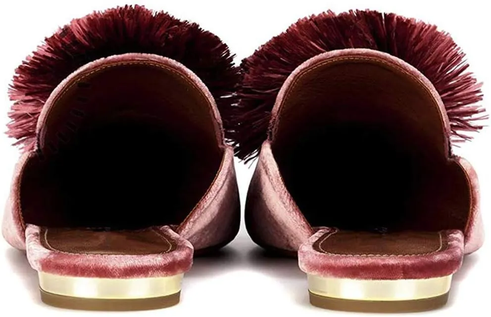 Divanne Mules for Women, Puff Pompom-Embellished Slip On Loafers Backless Pointed Toe Satin Mule Slides