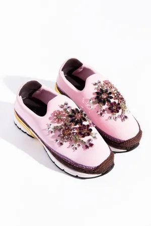 DOLCE & GABBANA Pink Crystal-Embellished Scuba Slide-on Sneakers (Sz. 37)