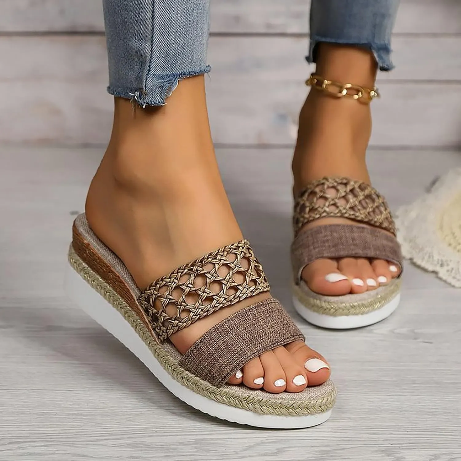 Espadrilles Woven Wedge Platform Sandals for Women,2025 Espadrilles Open Toe Hollow Out Summer Dressy Sandals Slip on Comfortable Wide Width Walking Beach Slides Slippers