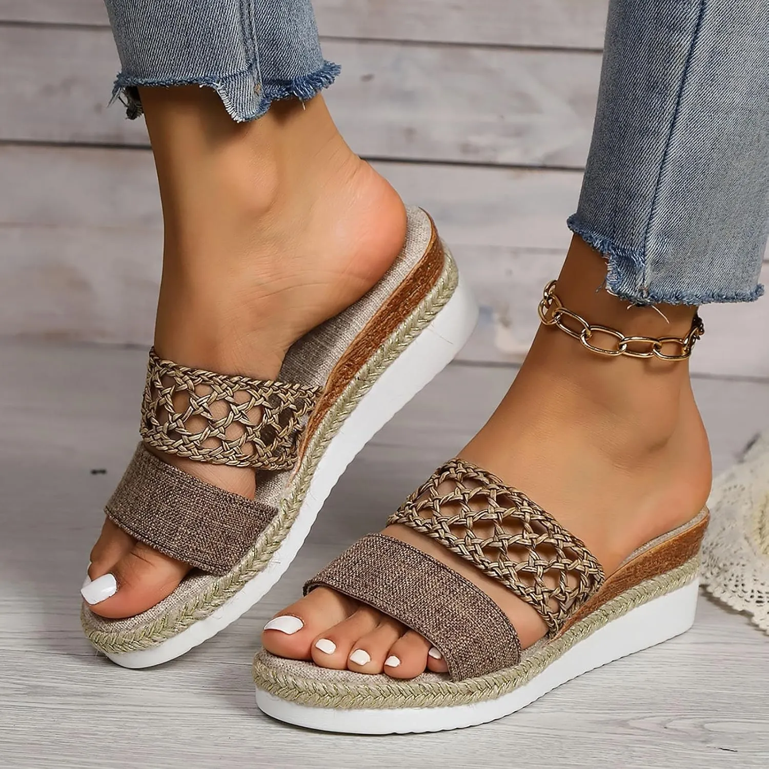 Espadrilles Woven Wedge Platform Sandals for Women,2025 Espadrilles Open Toe Hollow Out Summer Dressy Sandals Slip on Comfortable Wide Width Walking Beach Slides Slippers