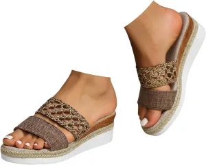 Espadrilles Woven Wedge Platform Sandals for Women,2025 Espadrilles Open Toe Hollow Out Summer Dressy Sandals Slip on Comfortable Wide Width Walking Beach Slides Slippers