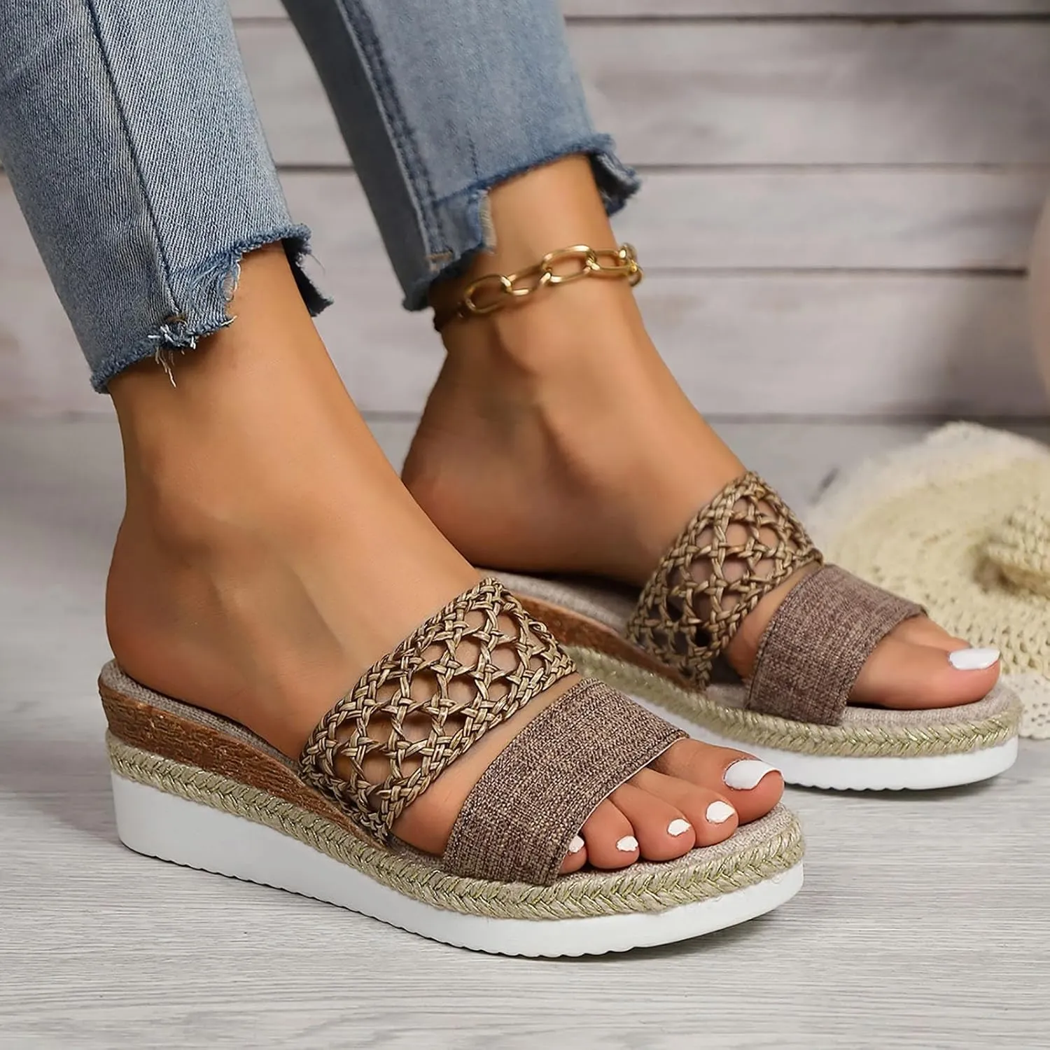 Espadrilles Woven Wedge Platform Sandals for Women,2025 Espadrilles Open Toe Hollow Out Summer Dressy Sandals Slip on Comfortable Wide Width Walking Beach Slides Slippers