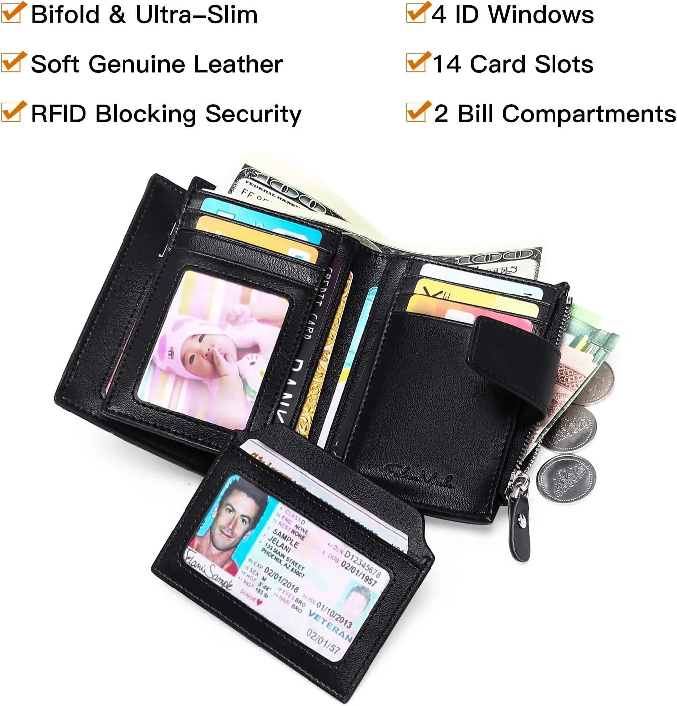 FALAN MULE Wallet for Men Genuine Leather RFID Blocking Mens Wallet with Zipper Coin Pocket ID Window