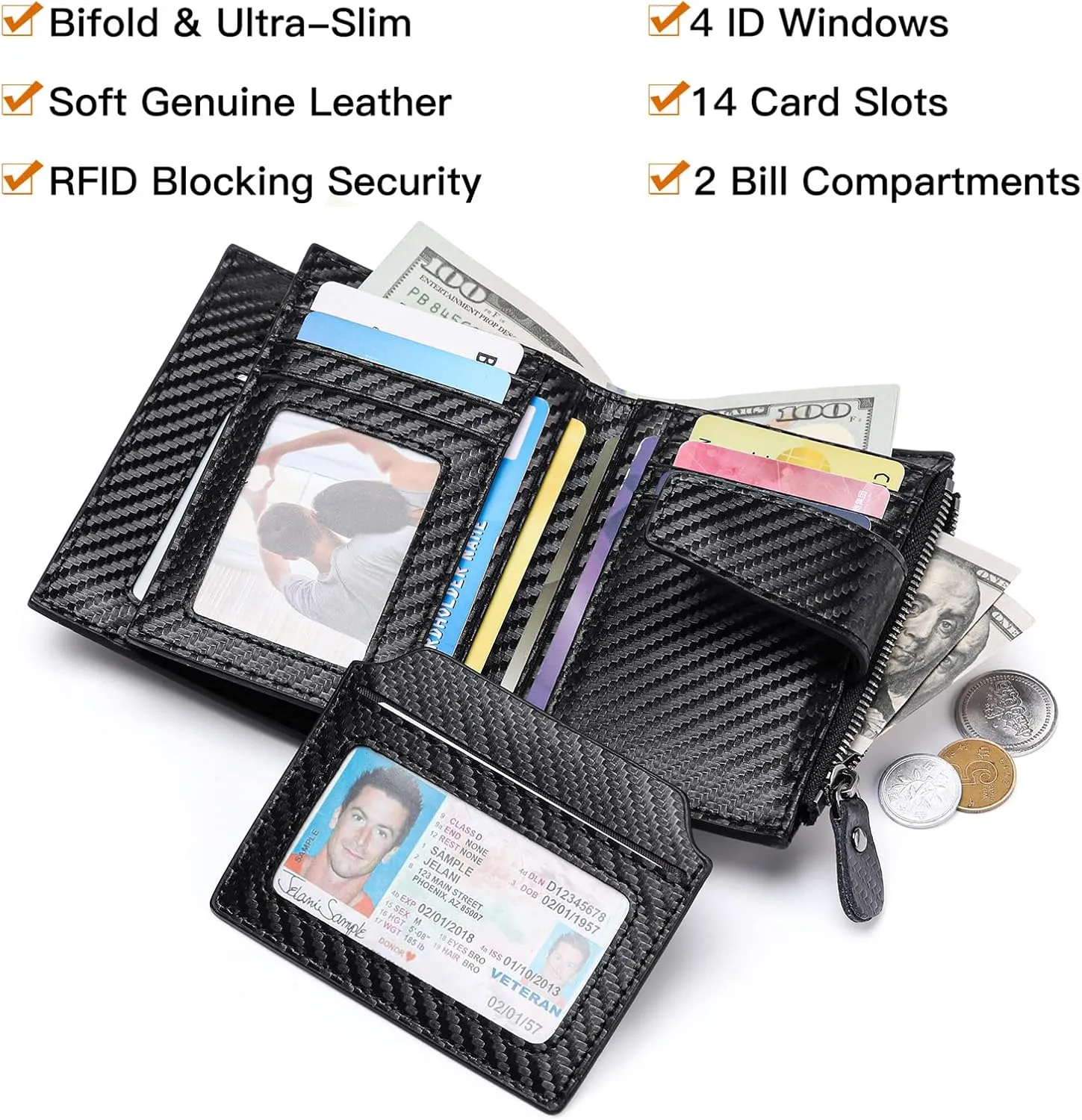 FALAN MULE Wallet for Men Genuine Leather RFID Blocking Mens Wallet with Zipper Coin Pocket ID Window
