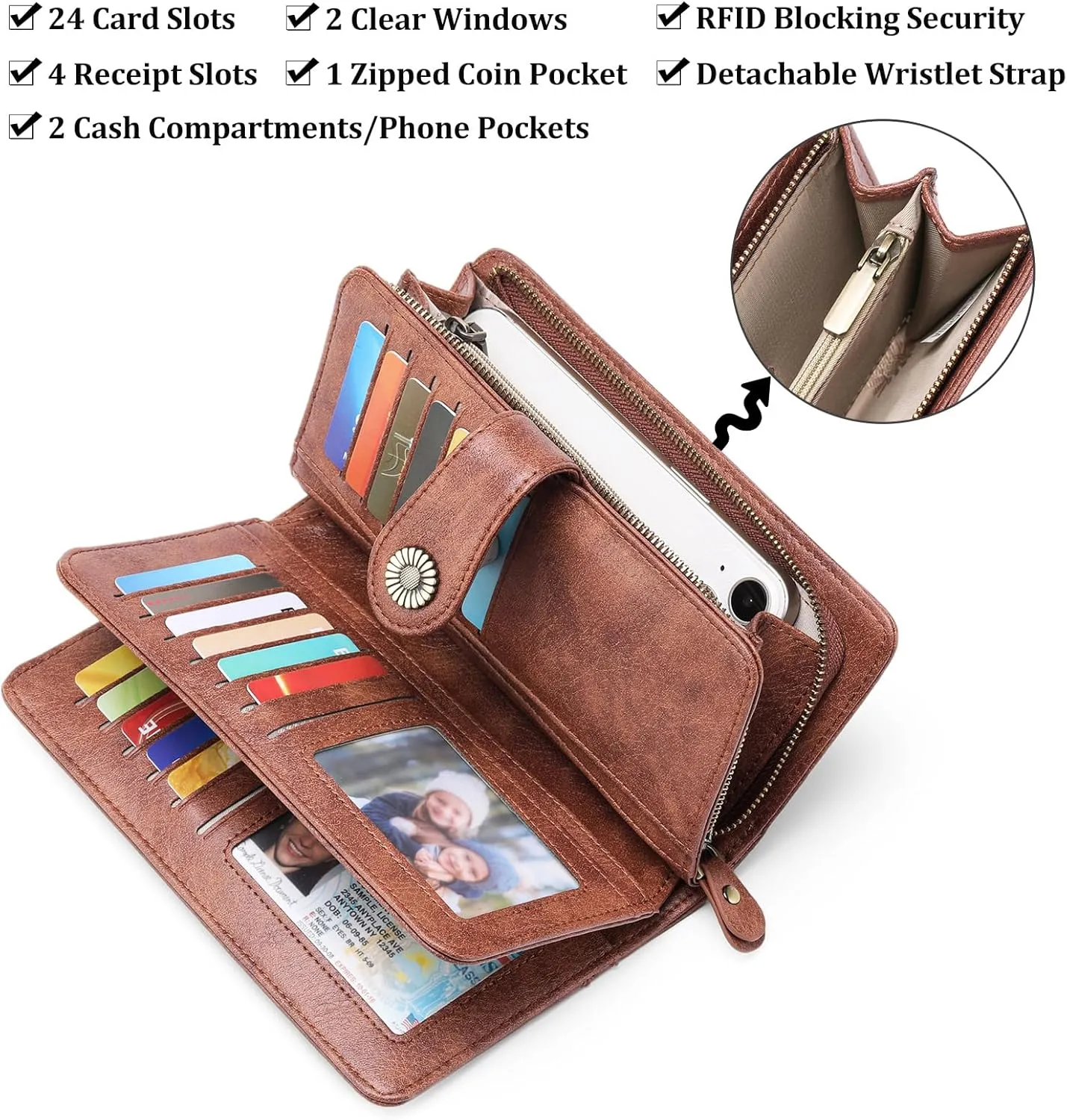 FALAN MULE Women Genuine Leather Wallet Large Capacity Bifold RFID Blocking Card Holder with Zipper Coin Pocket