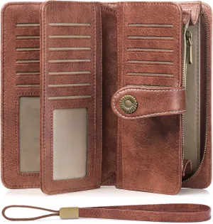 FALAN MULE Women Genuine Leather Wallet Large Capacity Bifold RFID Blocking Card Holder with Zipper Coin Pocket