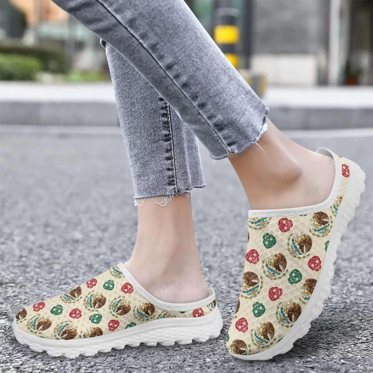 Flag Pattern Mule Sneakers for Women Breathable Loafers Low Top Garden Shoes Arch Support Mesh Flats Shoes