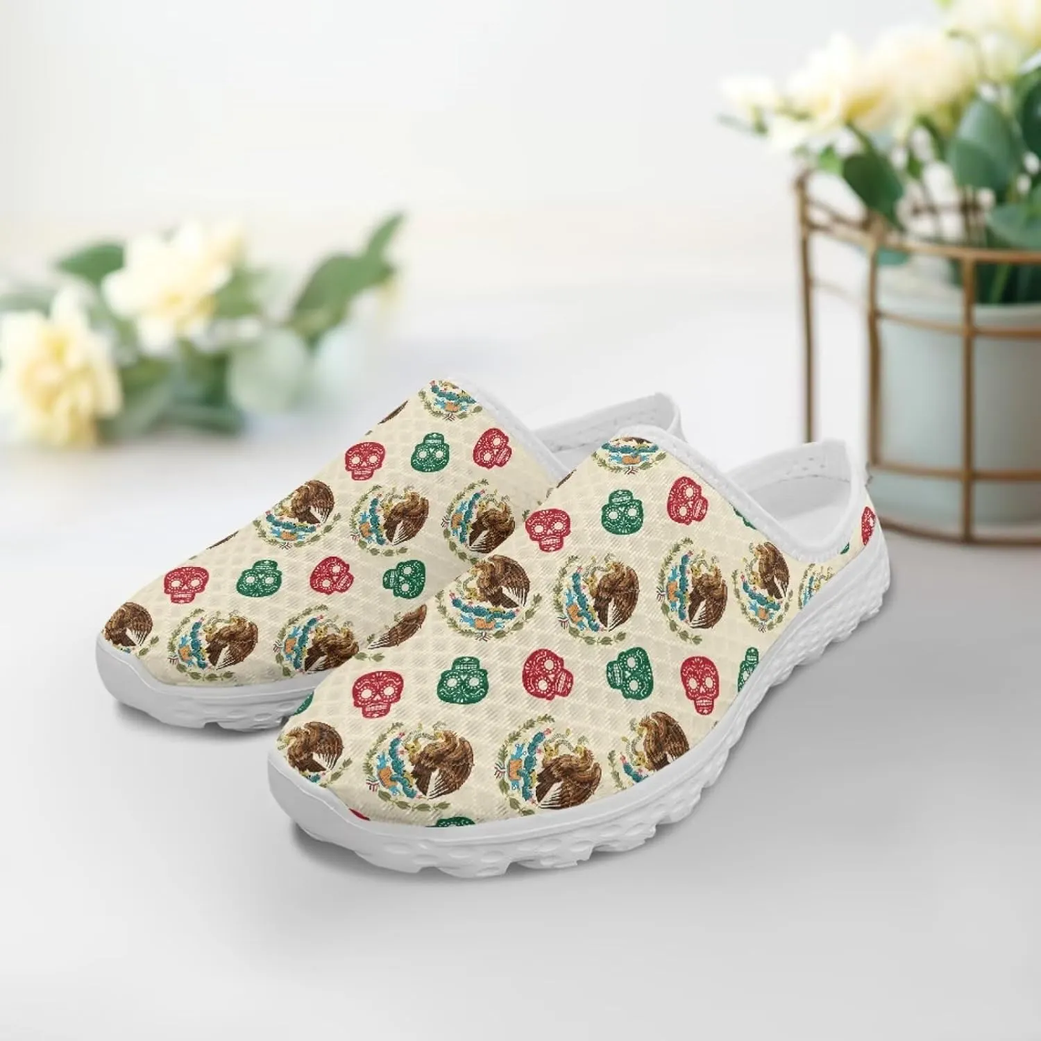 Flag Pattern Mule Sneakers for Women Breathable Loafers Low Top Garden Shoes Arch Support Mesh Flats Shoes