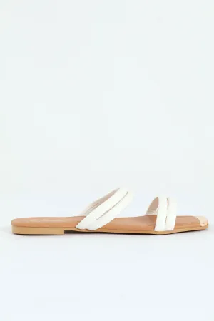 Flat Double Multistrap Tubular Mule Sandal With Gold Toe - White