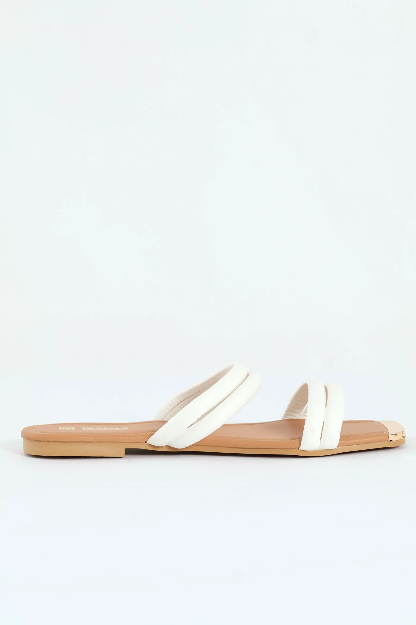 Flat Double Multistrap Tubular Mule Sandal With Gold Toe - White