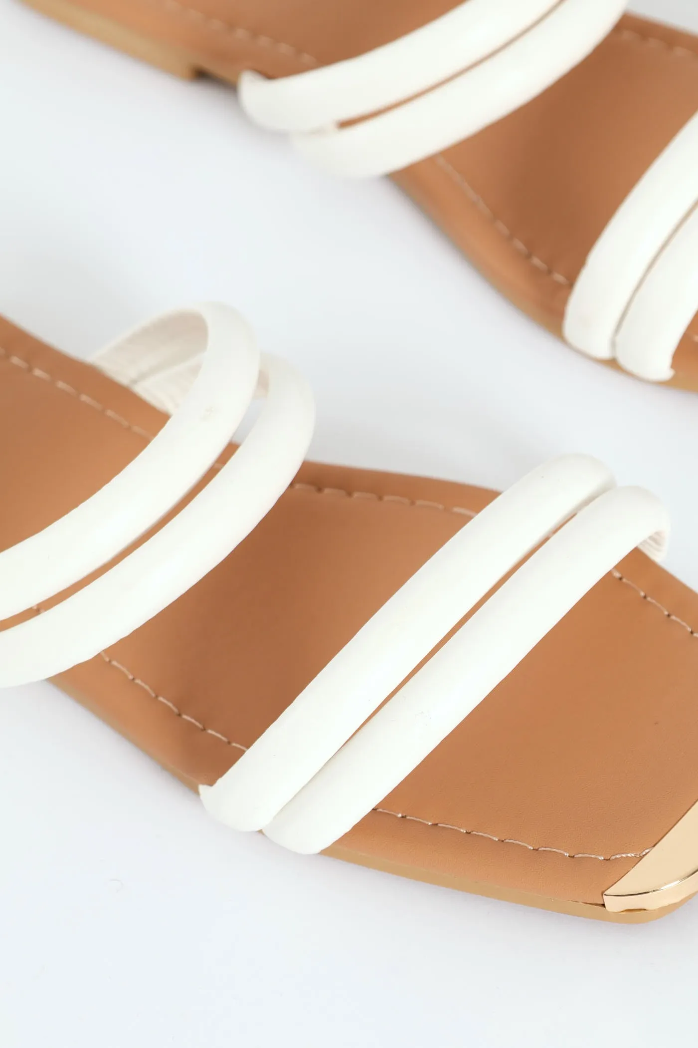 Flat Double Multistrap Tubular Mule Sandal With Gold Toe - White