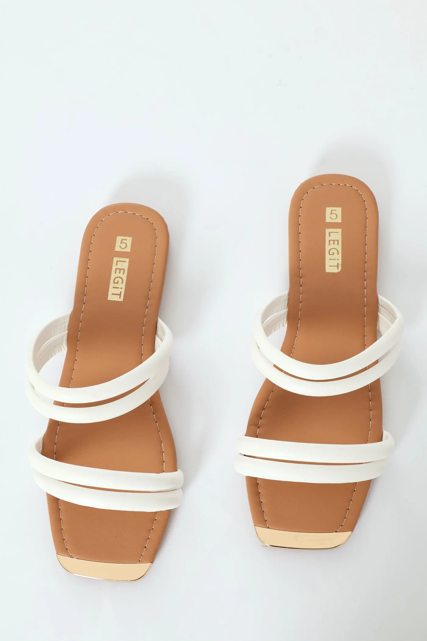 Flat Double Multistrap Tubular Mule Sandal With Gold Toe - White
