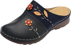 Flowers Clogs Shoes for Women Summer Leather Comfortable Slippers Casual Slip on Wide Fit Mules Lightweight Closed Toe Open Back Loafers with Arch Support