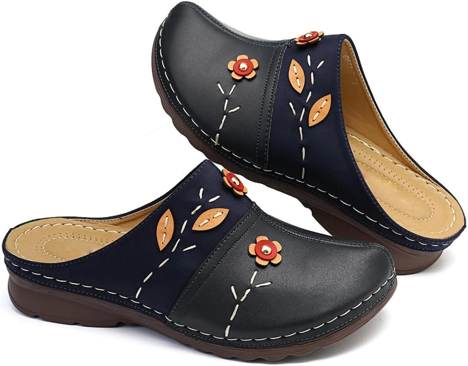 Flowers Clogs Shoes for Women Summer Leather Comfortable Slippers Casual Slip on Wide Fit Mules Lightweight Closed Toe Open Back Loafers with Arch Support