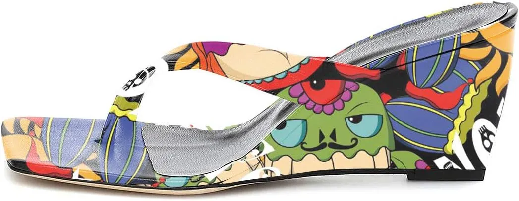 FSJ Women Casual Flip Flop Slide Mule Shoes Square Open Toe Thong Sandal Summer Wedge High Heel Size 4-15 US