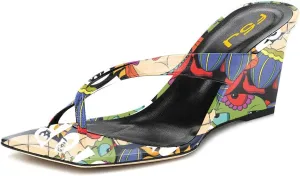 FSJ Women Casual Flip Flop Slide Mule Shoes Square Open Toe Thong Sandal Summer Wedge High Heel Size 4-15 US