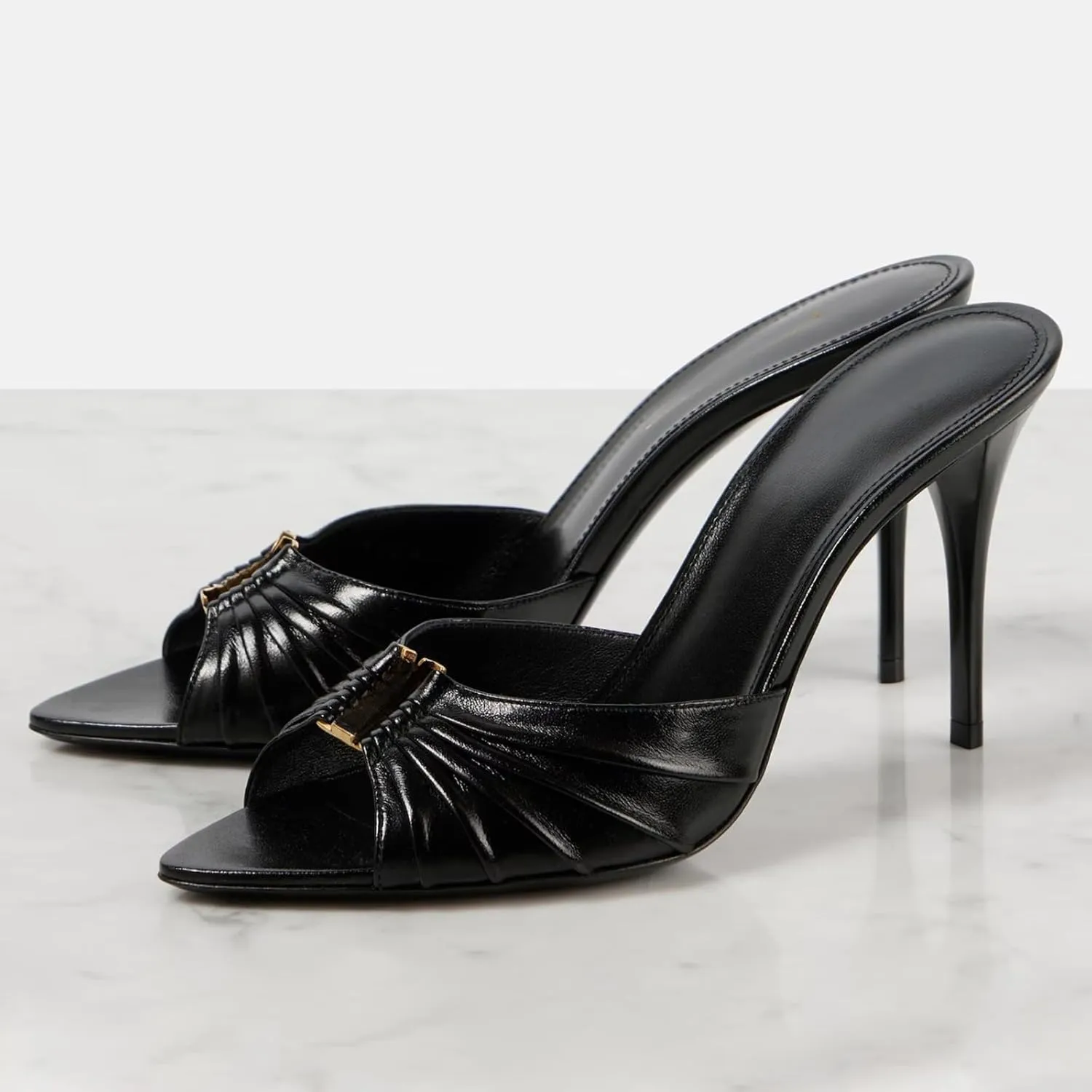 Goolita Open Pointed Toe Gold Ring Mule Heels For Women Slip On Stiletto Heels Ruched Heeled Sandals Sexy Backless Party Heeled Slide Sandals