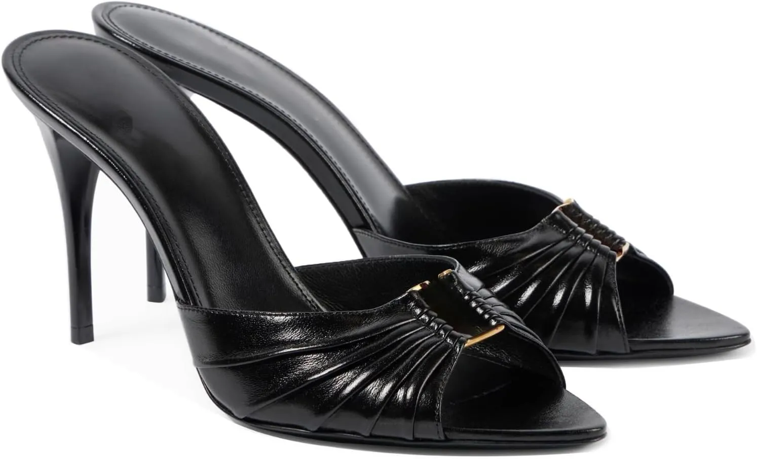 Goolita Open Pointed Toe Gold Ring Mule Heels For Women Slip On Stiletto Heels Ruched Heeled Sandals Sexy Backless Party Heeled Slide Sandals