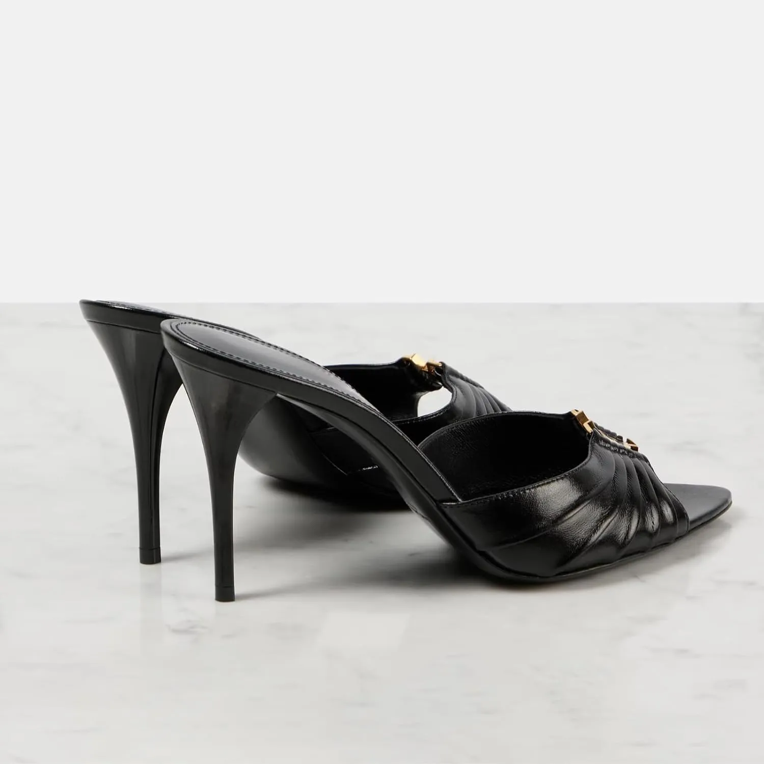 Goolita Open Pointed Toe Gold Ring Mule Heels For Women Slip On Stiletto Heels Ruched Heeled Sandals Sexy Backless Party Heeled Slide Sandals