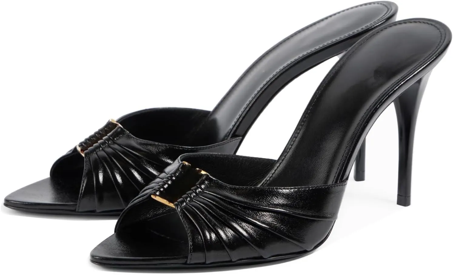 Goolita Open Pointed Toe Gold Ring Mule Heels For Women Slip On Stiletto Heels Ruched Heeled Sandals Sexy Backless Party Heeled Slide Sandals