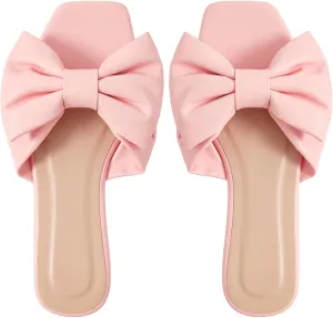 GORGLITTER Women's Bow Flat Sandals Dressy Square Open Toe Sandals Comfortable Slip On Slide Sandals
