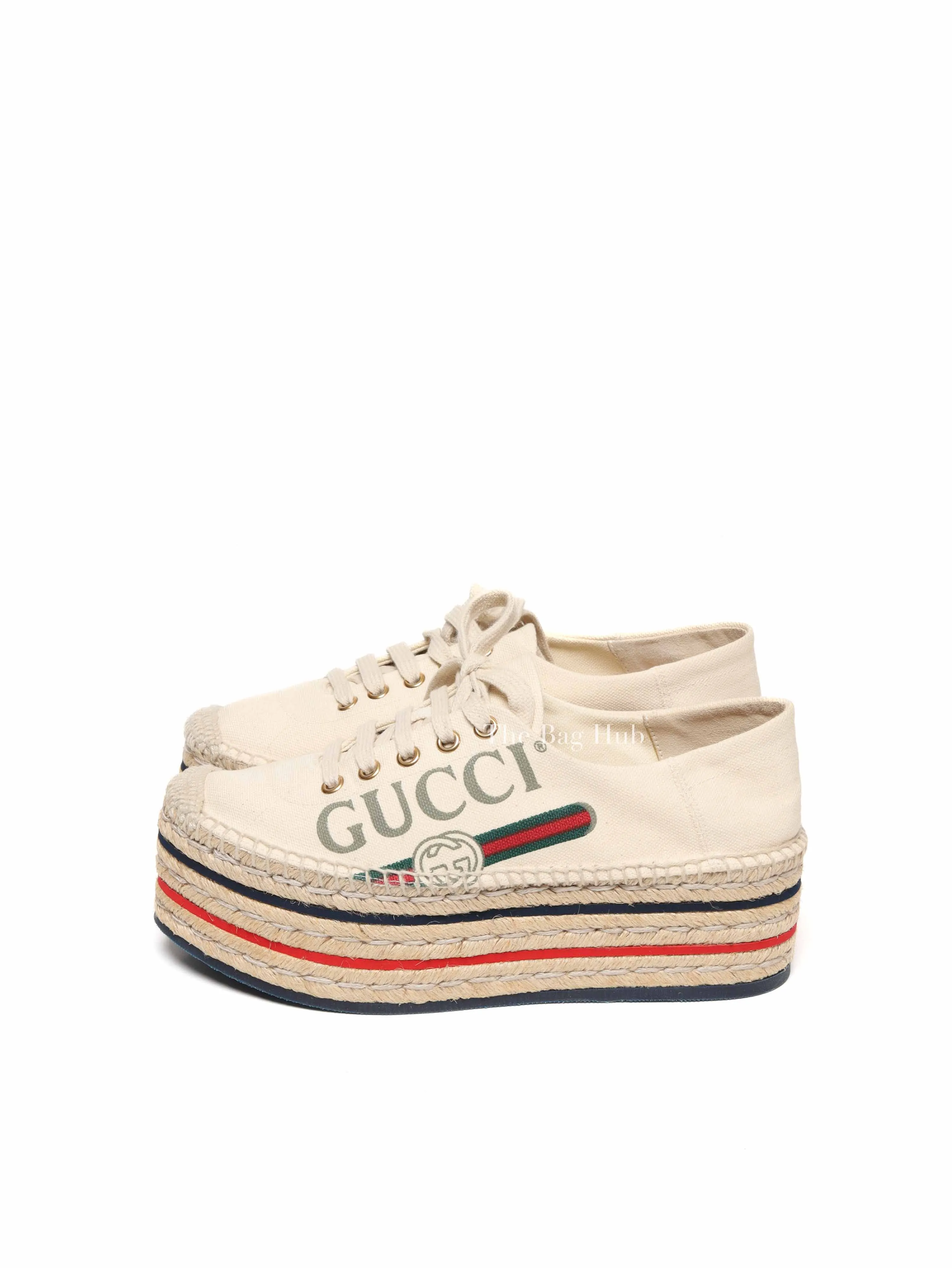 Gucci Beige Canvas Platform Espadrille Lace Up Sneakers Size 36.5