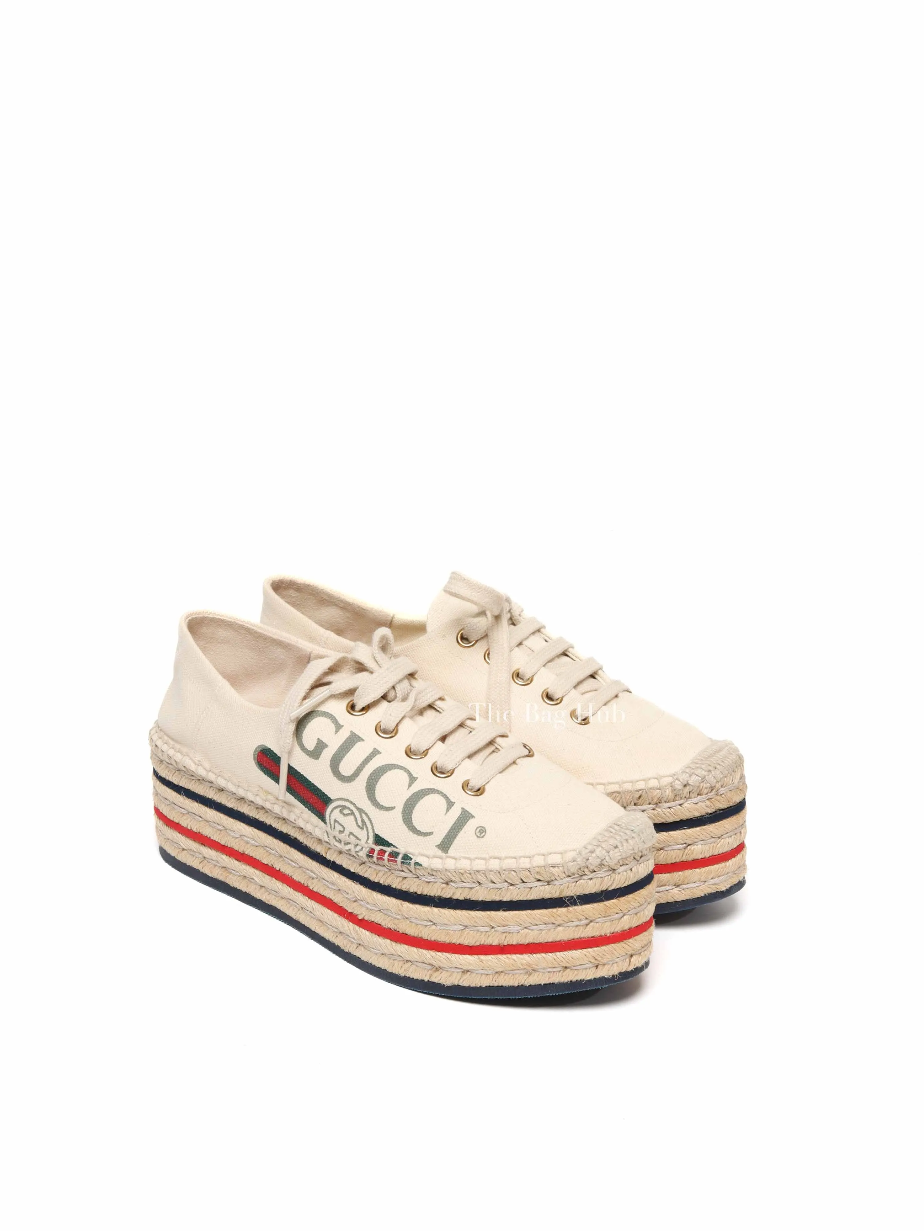 Gucci Beige Canvas Platform Espadrille Lace Up Sneakers Size 36.5