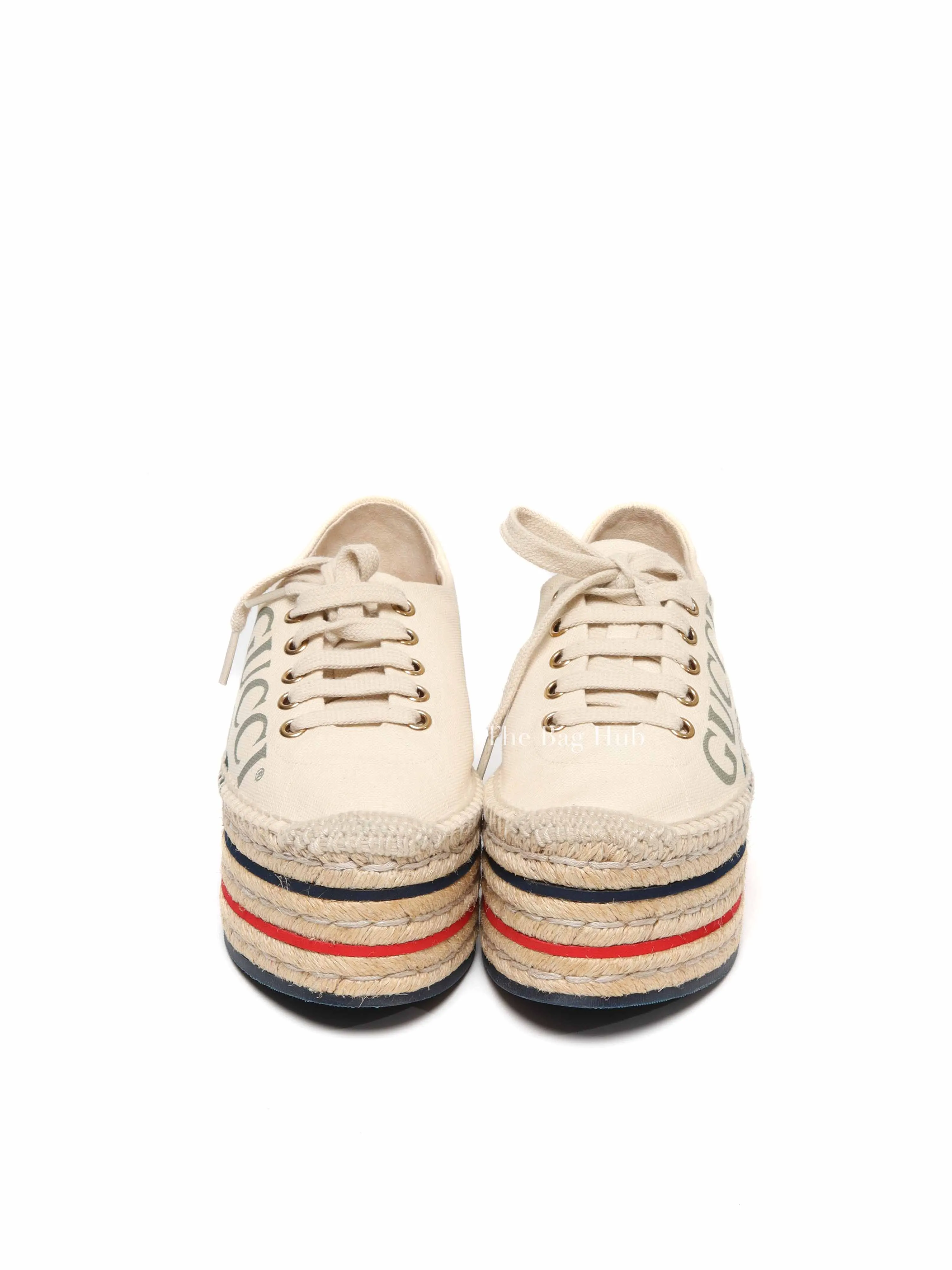Gucci Beige Canvas Platform Espadrille Lace Up Sneakers Size 36.5