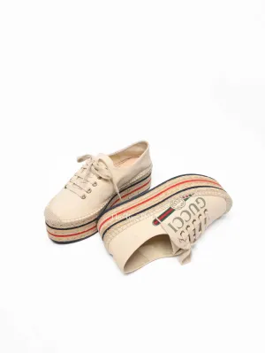 Gucci Beige Canvas Platform Espadrille Lace Up Sneakers Size 36.5