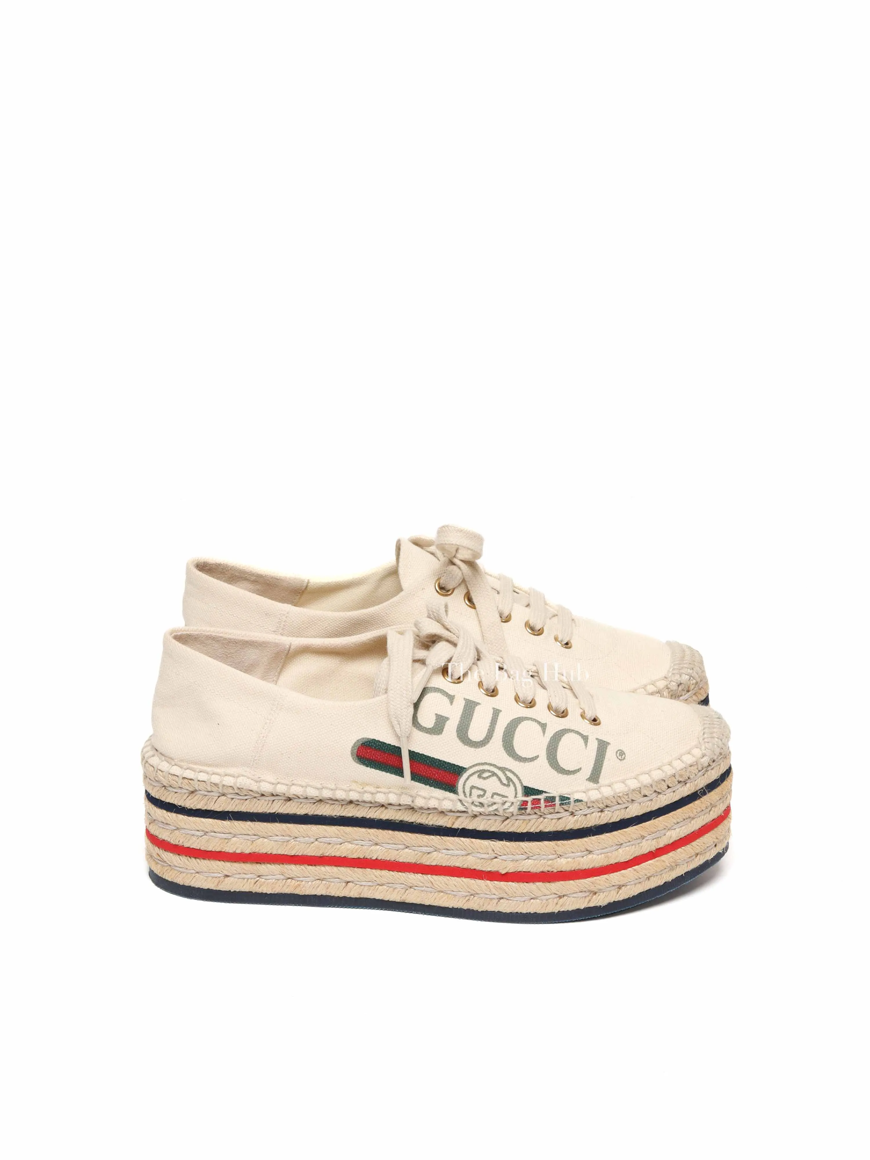 Gucci Beige Canvas Platform Espadrille Lace Up Sneakers Size 36.5
