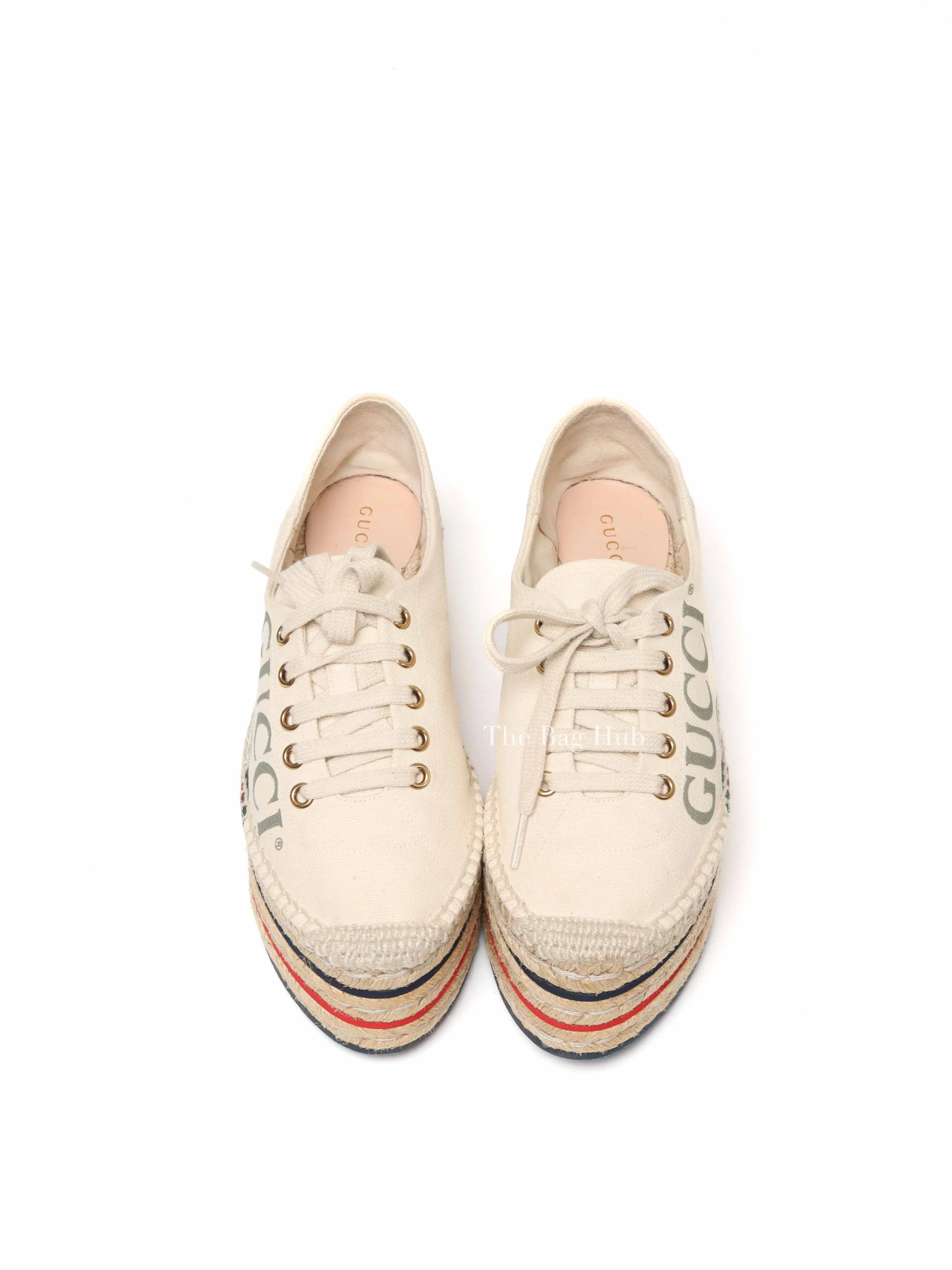 Gucci Beige Canvas Platform Espadrille Lace Up Sneakers Size 36.5