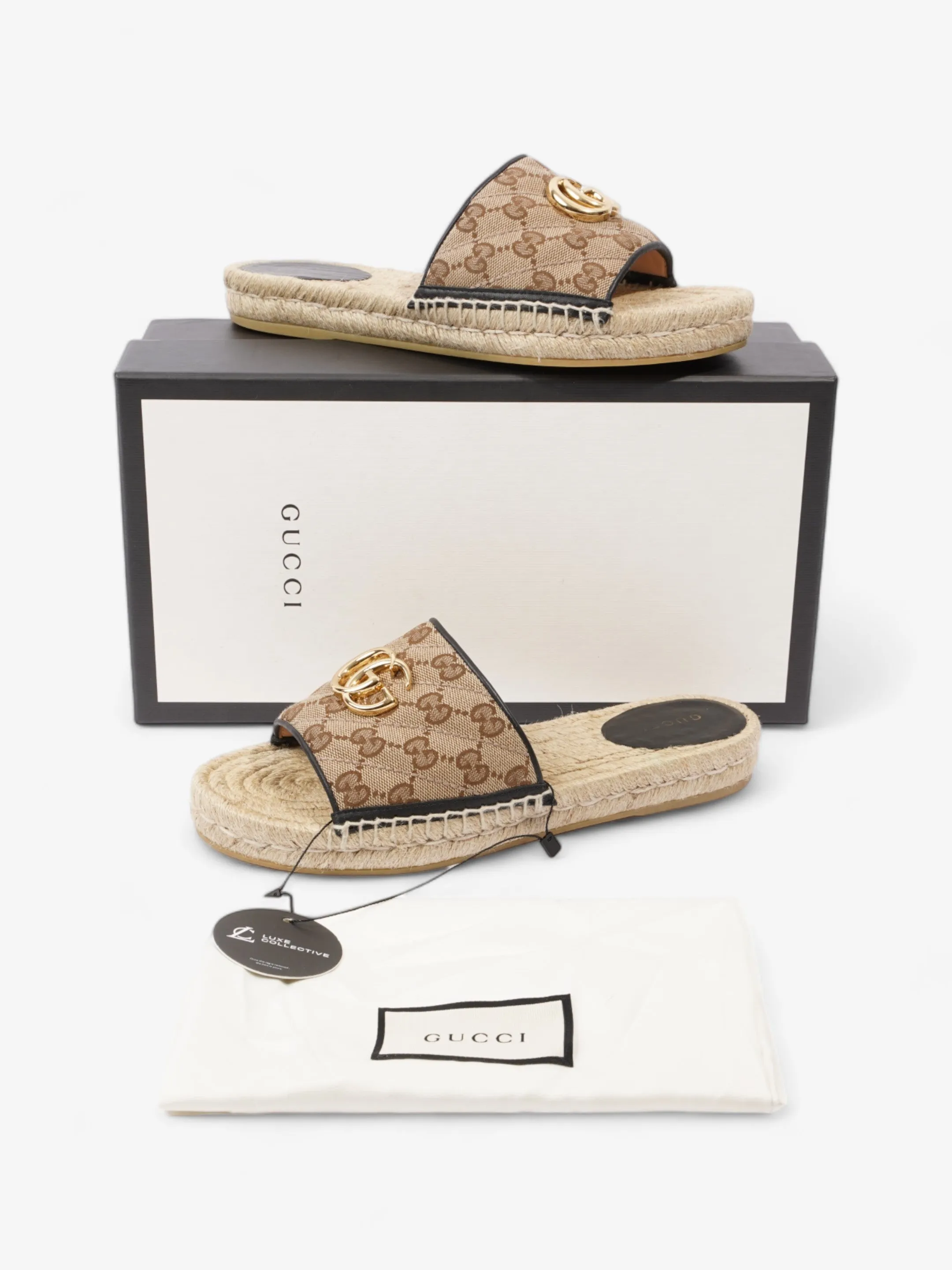 Gucci GG MATELASSÉ CANVAS ESPADRILLE SANDAL Beige Monogram / Black Canvas EU 38.5 UK 5.5