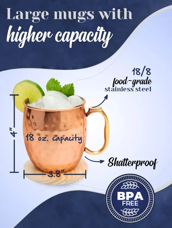 Kitchen Science Moscow Mule Mugs, Stainless Steel Lined Copper Moscow Mule Cups Set of 6 (18oz) | Stainless Steel Mug w/ New Thumb Rest | Tarnish-Resistant Steel Interior (2 - Set of 6)