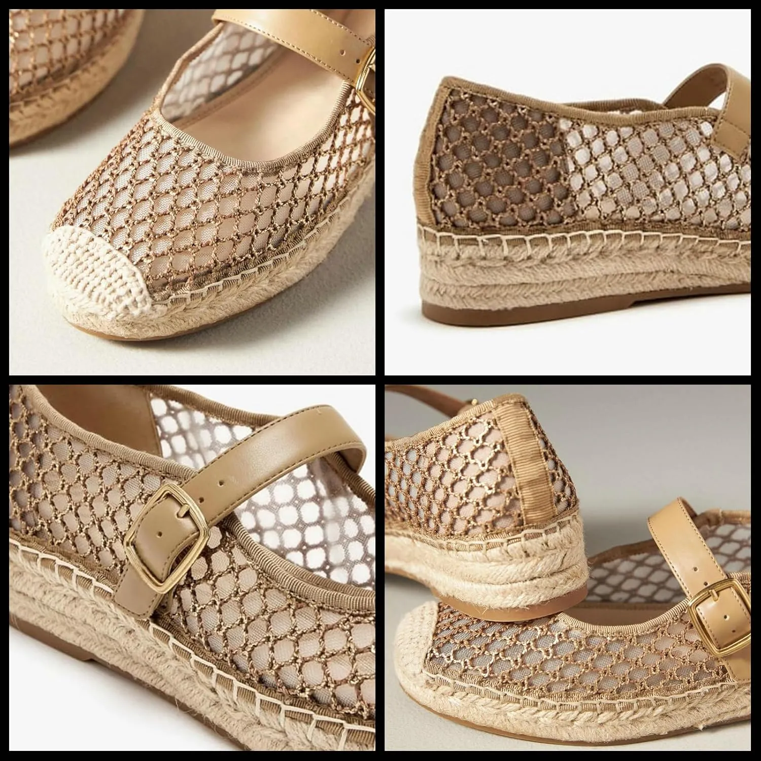 KysBloes Woven Platform Mary Janes Espadrille Flats for Women Wegde Mesh Ballet Flats Fishnet Buckle Strap Pumps Raffia Ballerina Shoes