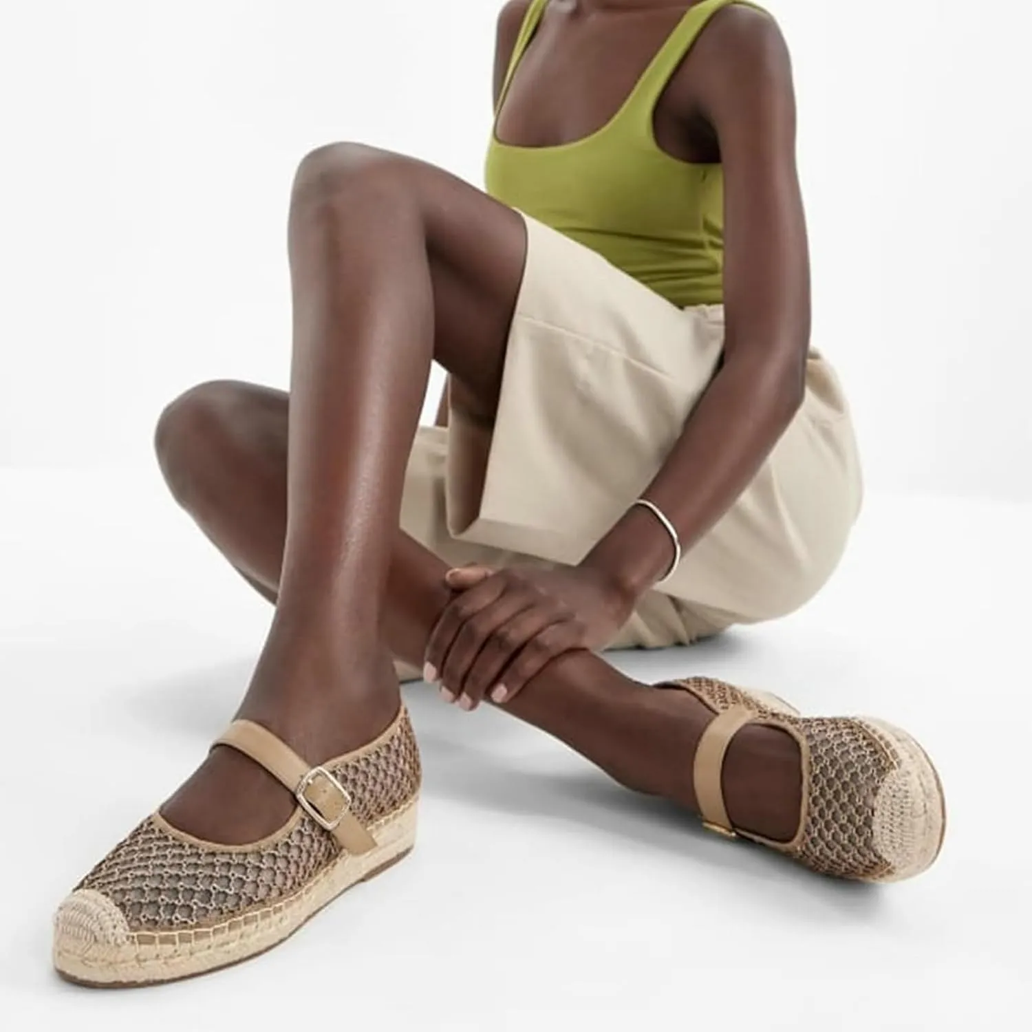 KysBloes Woven Platform Mary Janes Espadrille Flats for Women Wegde Mesh Ballet Flats Fishnet Buckle Strap Pumps Raffia Ballerina Shoes